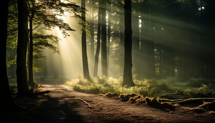 Obraz premium Enchanting sunbeams filtering through misty trees in a serene forest with radiant sunlight rays