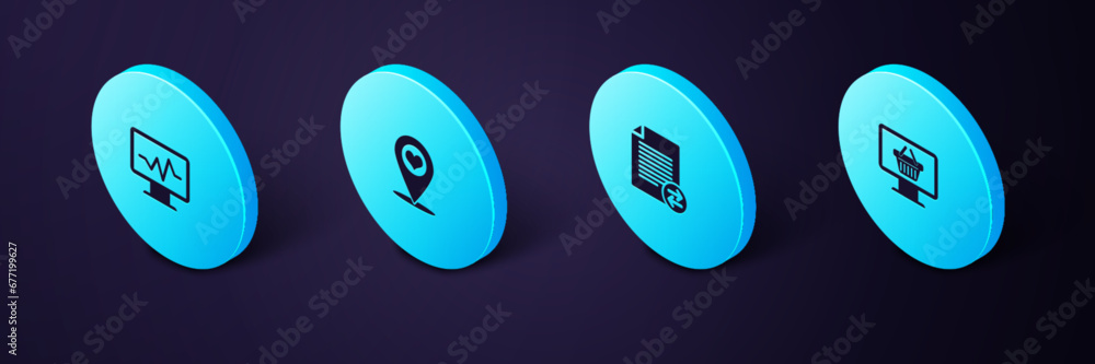 Poster set isometric monitor with shopping basket, transfer files, map pointer heart and cardiogram icon. v