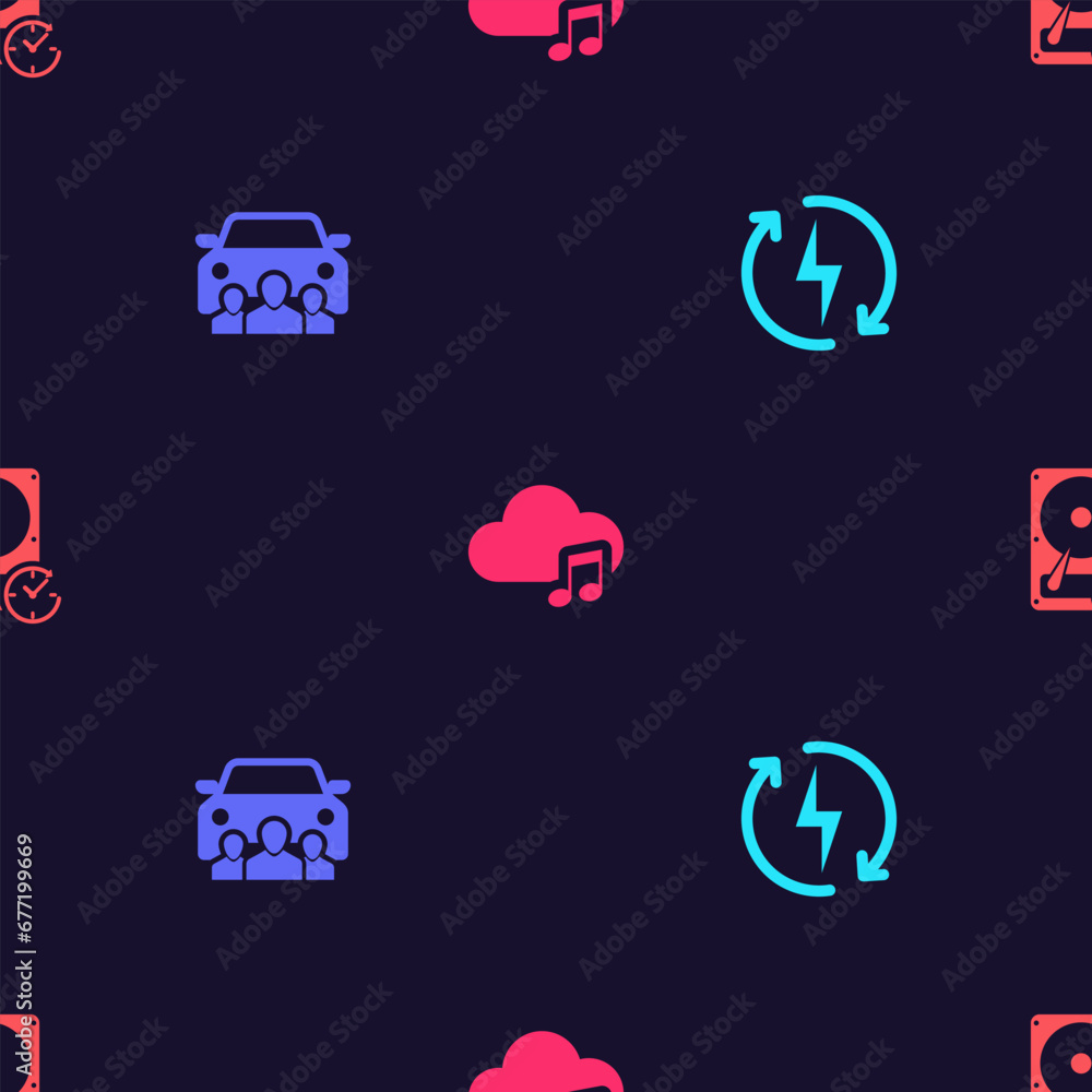 Poster set recharging, car sharing, music streaming service and hard disk drive with clockwise on seamless 