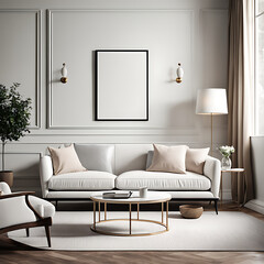 A light-colored guest room featuring a sofa, two armchairs, and a mockup blank white poster