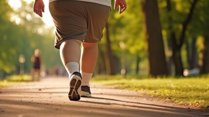 Fat man in athletic attire runs on asphalt path in park on sunny day. Man enhancing physical health and shedding pounds with desire to shed weight. Legs close-up. Cropped photo. - obrazy, fototapety, plakaty