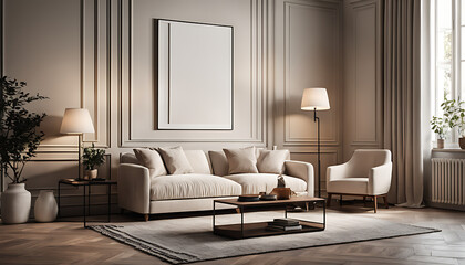 A light-colored guest room featuring a sofa, two armchairs, and a mockup blank white poster - obrazy, fototapety, plakaty