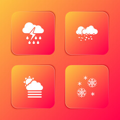 Set Cloud with rain and lightning, snow, Fog cloud sun and Snow icon. Vector
