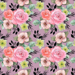 Outline line art Flower blossom botanical poinsettia, rose, chrysanthemum, camellia blooming digital clipart watercolor aquarelle romantic luxury seamless pattern