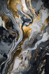 Marble pattern in white, black and golden colors. Waves and lines. Abstract acryl background.