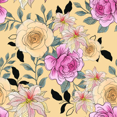 Outline line art Flower blossom botanical poinsettia, rose, chrysanthemum, camellia blooming digital clipart watercolor aquarelle romantic luxury seamless pattern