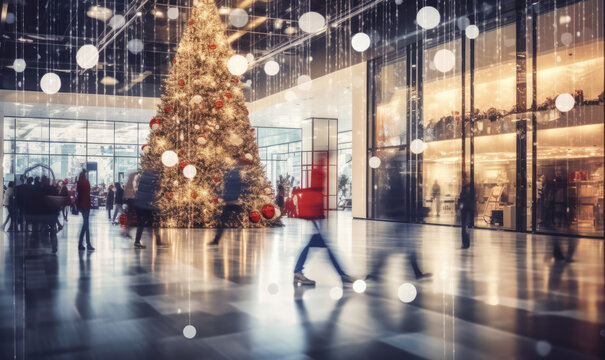 A shopping mall decorated for christmas with a large illuminated Christmas tree and busy shoppers