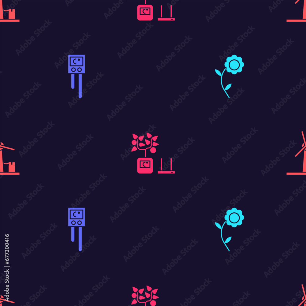 Poster set flower, temperature and humidity sensor, smart farming technology and wind turbine on seamless p