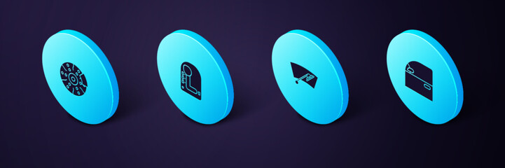 Set Isometric Car door, Windscreen wiper, Gear shifter and brake disk with caliper icon. Vector - obrazy, fototapety, plakaty