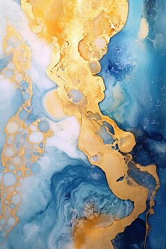 Multicolored colourful abstract acrylic background in blue - white - golden colors. Art marble texture.