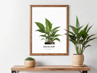 focus shot of Poster mockup with a green plant and wooden frames on white