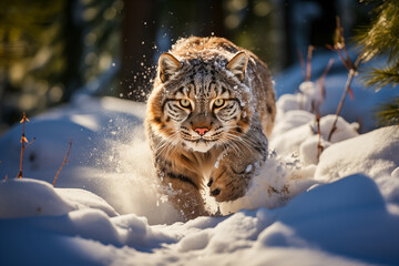 Bobcat walking through deep snow in the middle of a forest - Powered by Adobe