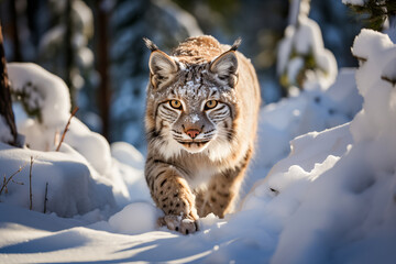 Bobcat walking through deep snow in the middle of a forest - Powered by Adobe