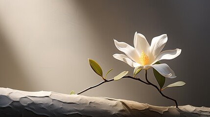 A solitary white magnolia bloom on a brushed steel background. Minimalist art design. 