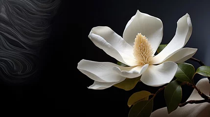 Gordijnen A solitary white magnolia bloom on a brushed steel background. Minimalist art design.  © Dannchez