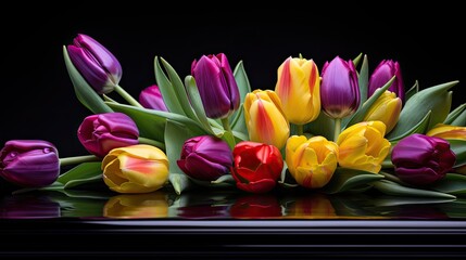 An array of tulips in rich purples and yellows, lying on a glossy piano black surface. 