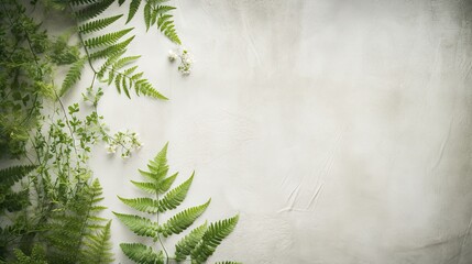 An artistic layout of fern leaves and small wildflowers on a textured linen backdrop. 