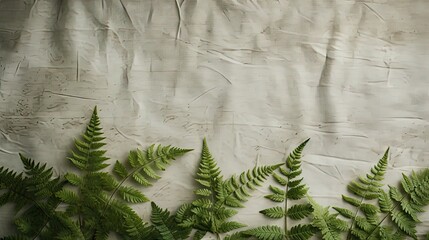 An artistic layout of fern leaves and small wildflowers on a textured linen backdrop.  - obrazy, fototapety, plakaty