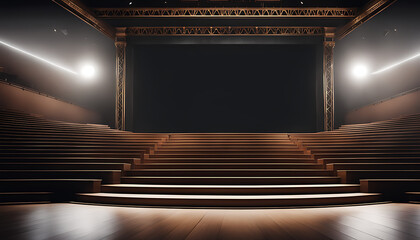  A perspective view of a large, empty hall with a stage, stairs, and space for your text or logo The screen is blank white, mockup