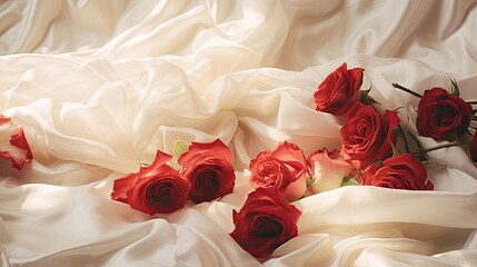 Garden roses in full bloom, scattered elegantly on a white silk sheet. Luxury decorative design for wedding, jewel, gem, diamonds or glamour elements. 