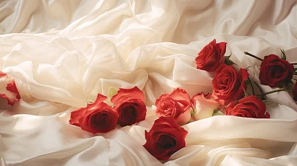 Tischdecke Garden roses in full bloom, scattered elegantly on a white silk sheet. Luxury decorative design for wedding, jewel, gem, diamonds or glamour elements.  © Dannchez