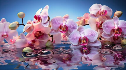 Exotic orchids with delicate petals, lying atop a mirrored surface, reflecting their unique shapes...