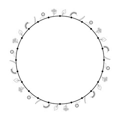 Abstract Black Simple Line Round Circle With Leaf Leaves Frame Flowers Doodle Outline Element Vector Design Style Sketch Isolated Illustration For Wedding And Banner