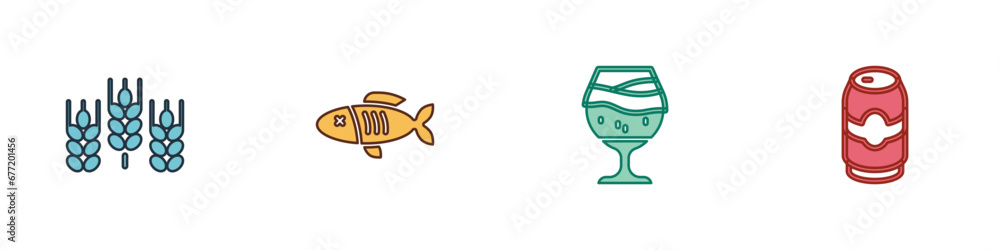 Sticker set wheat, dried fish, glass of beer and beer can icon. vector