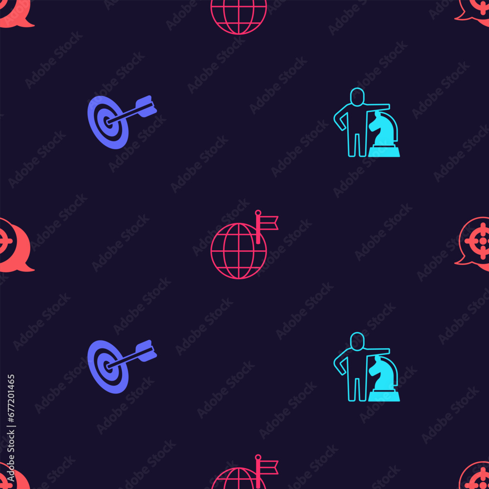 Poster set chess, target, planet with flag and on seamless pattern. vector