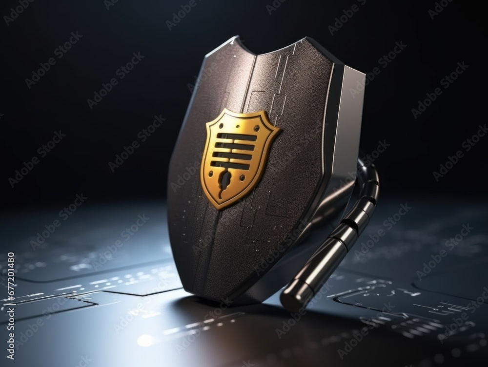 Poster a padlock in the form of a shield with a chip on it. data protection. ai generative.