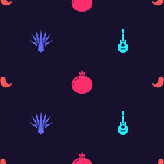 Set Mexican guitar, Agave, Tomato and Mustache on seamless pattern. Vector