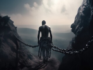 A man in chains on top of a cliff. Desire for freedom. AI generative.