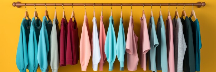 Colorful and trendy fashion clothes hanging on a clothing rack in a vibrant and fashionable closet