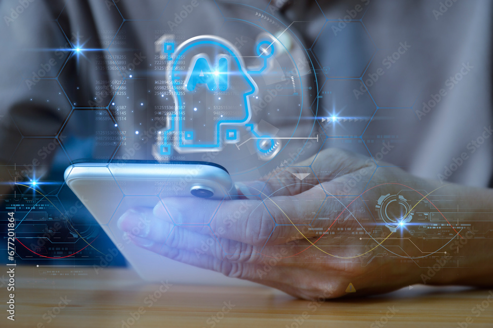 Poster smart phone in the hands of a businessman, artificial intelligence, communication and interaction wi