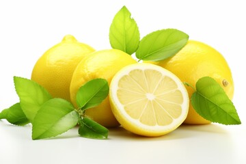 Fresh green lemon with leaves on white background, ideal for summer recipes and citrus designs