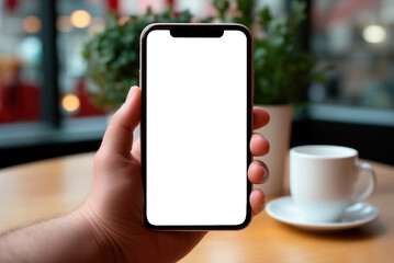 Mockup of the smartphone screen in the hand of a man on the background of a cafe