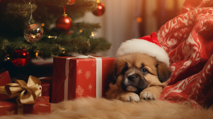 A puppy under the Christmas tree. Dog in Santa hat. New year present concept.