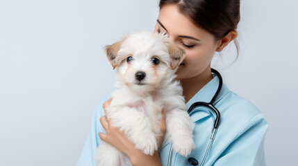 handsome female veterinarian doctor with stethoscope holding cute dog puppy in arms in veterinary clinic