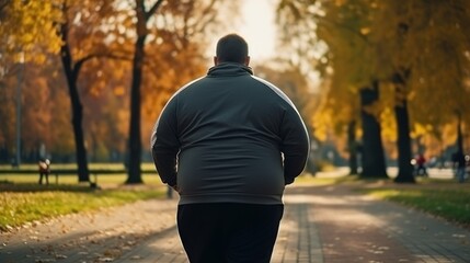 Obraz premium Plump man in sportswear at jogging workout on asphalt path in park in sunny weather. Back view of a fat man Improves physical health burning fat with thirst to lose weight.