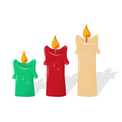 Three colorful candles with shadow on white background