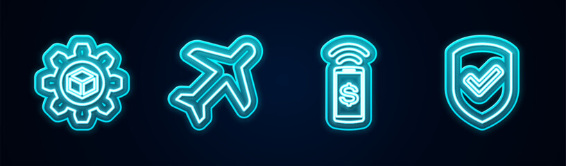 Set line Product development, Plane, Contactless payment and Shield with check mark. Glowing neon icon. Vector