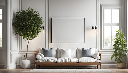 blank white wall frame mockup, farmhouse interior living room, white room with wooden furniture and an abundance of greenery
