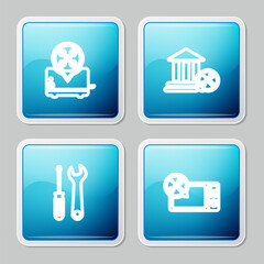 Set line Toaster service, Bank building, Screwdriver and wrench and Microwave oven icon. Vector