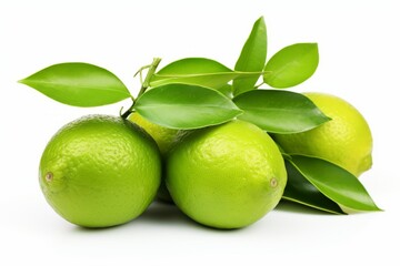 Green lemon with leaves isolated on white background   fresh citrus fruit concept for beverages