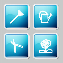 Fototapeta premium Set line Garden rake for leaves, Watering can, Gardening handmade scissor and Planting tree the ground icon. Vector