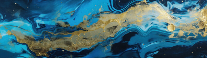 Fototapeta na wymiar Creative art marble texture. Golden powder wave on turquoise backdrop.