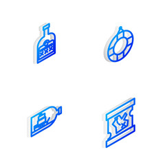 Set Isometric line Lifebuoy, Alcohol drink Rum bottle, Bottle with ship inside and Pirate treasure map icon. Vector