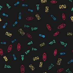 Set line Bottle opener, Musical instrument trumpet, Pistachio nuts and Salami sausage on seamless pattern. Vector