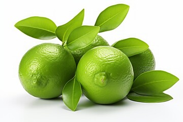 Fresh green lemon with leaves isolated on a white background, perfect for refreshing summer concepts