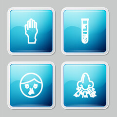 Set line Hand with psoriasis or eczema, Test tube flask, Runny nose and icon. Vector